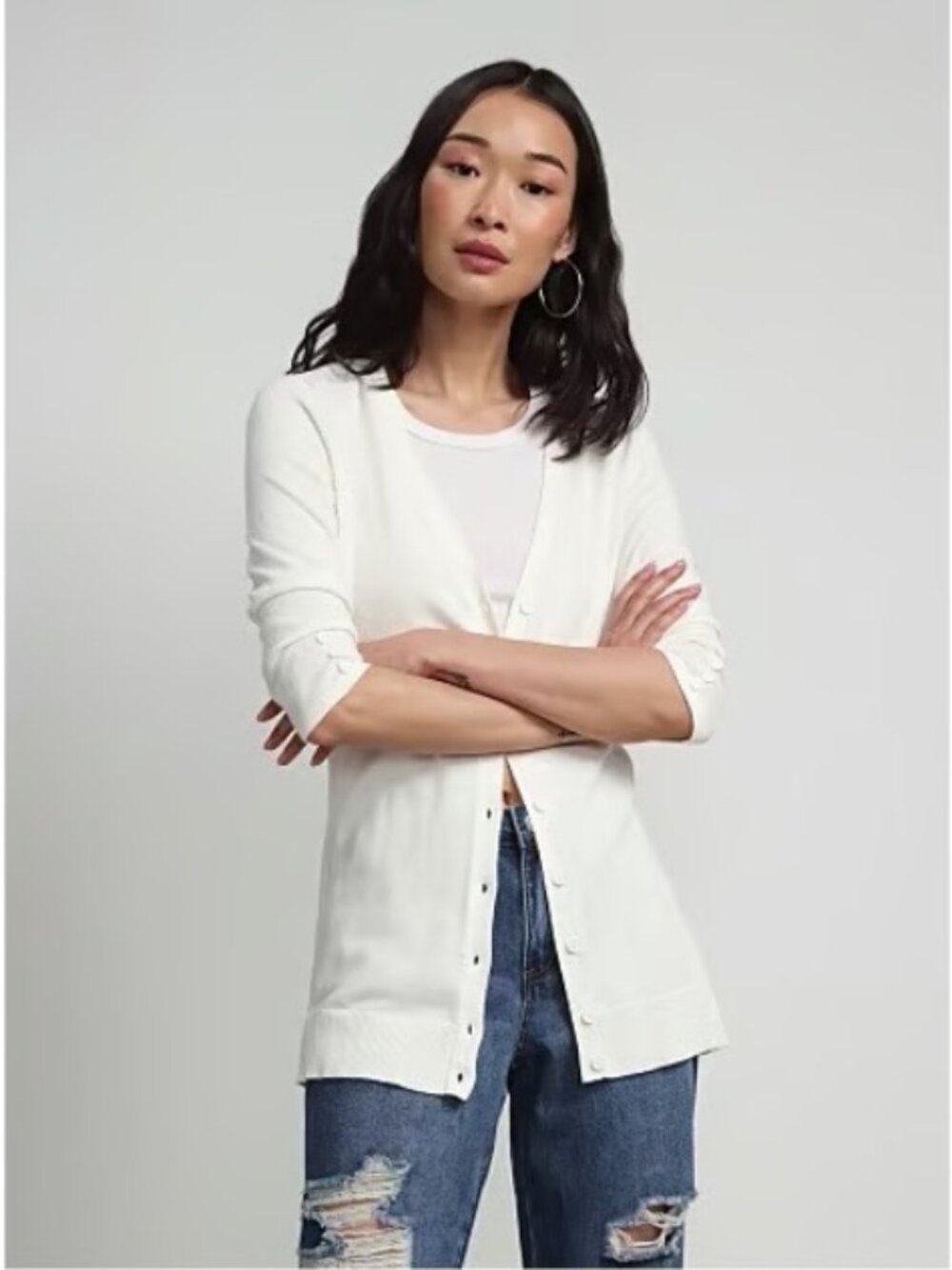 7TH AVENUE Women's Size Small White 3/4 Sleeve Longline Knit Cardigan Sweater S